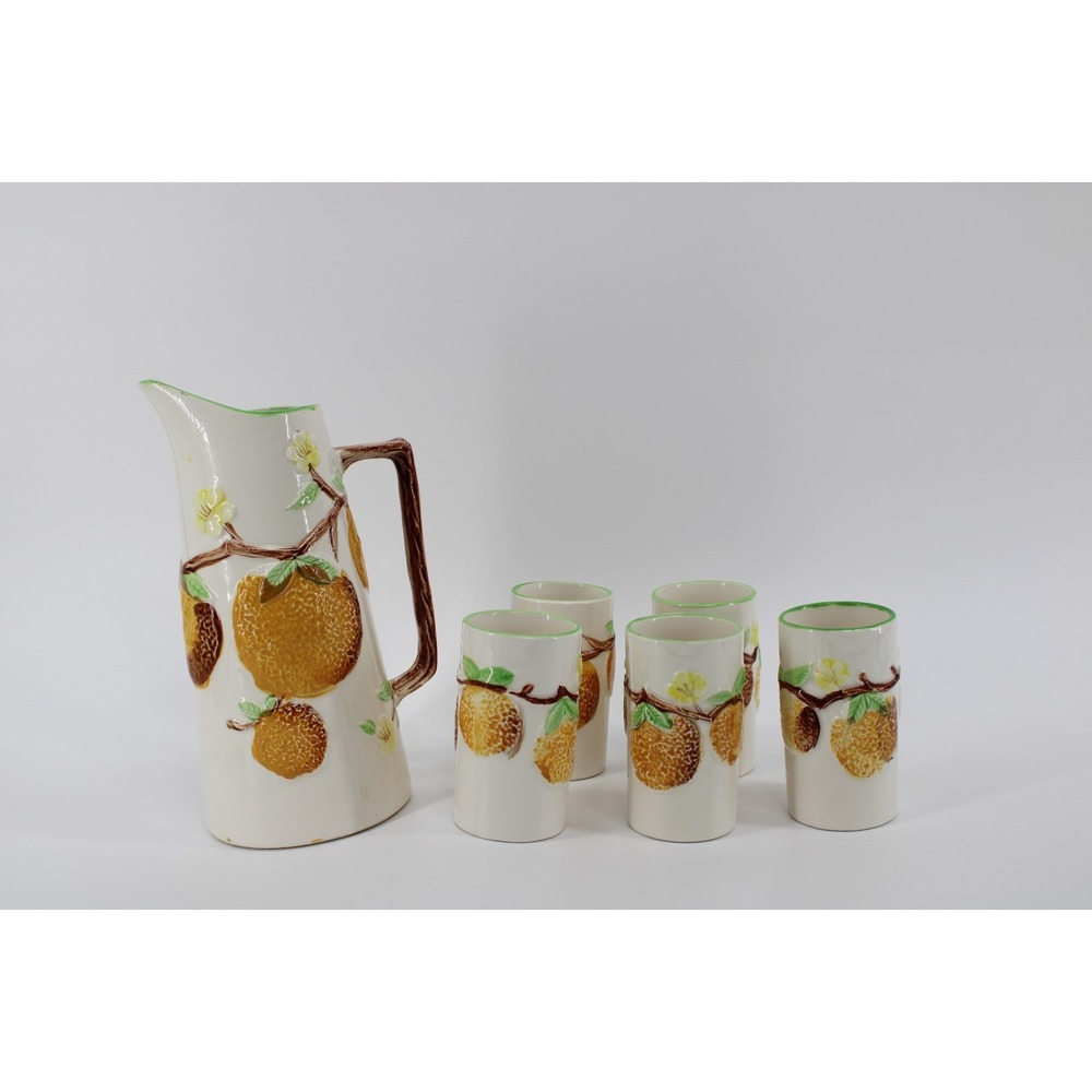 Vintage Napcoware Ceramic 1950s Orange Juice Pitcher & 5 Glasses Cups C-6240